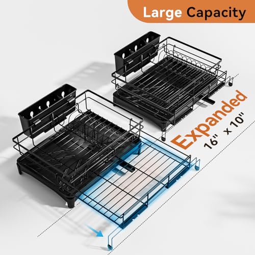 Expandable Dish Drying Rack with Utensil Holder - Large Capacity Kitchen Organizer - Black