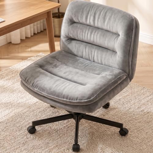 GTPLAYER Cross Legged Office Chair Dark Grey Velvet Oversized Armless Desk Chair with Wheels