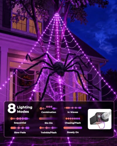Halloween Decorations Spider Web Lights - Purple 16.4Ft LED Light Up Web & Lifelike Spider