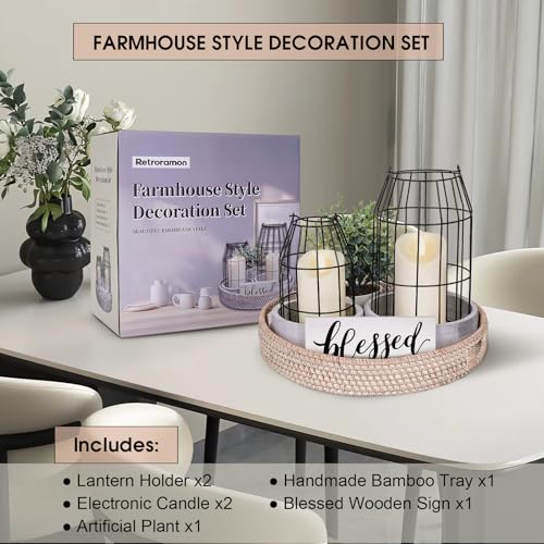 Rustic Farmhouse Decor Set of 7 with Lanterns Candles and Rattan Tray