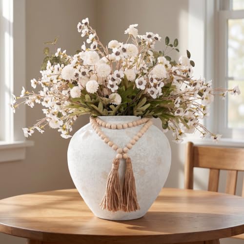 White Large Round Faux Silk Mum Flower Arrangement in Rustic Vase - 22 Pcs