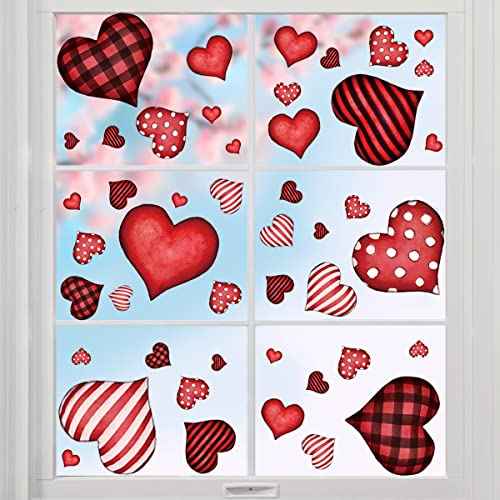 Horaldaily 120 PCS Valentine Window Cling Sticker, Red Buffalo Plaid Stripe Dots Love Hearts Home Party Supplies Shop Window Glass Display Decoration