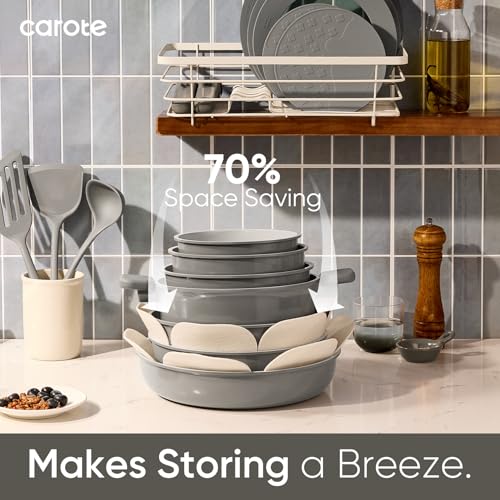 CAROTE 27pcs Ceramic Cookware Set Nonstick, Pots and Pans Set Non Stick, Non Toxic Cookware Detachable Handles, Dishwasher/Oven Safe, RV/Camping Cookware, Pan and Pot with Kitchen Utensils, Dark Gray