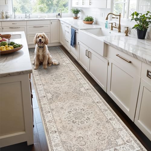 2'6x12 Beige Washable Hallway Runner Rug Non Slip Entryway Floor Mat Vintage Soft
