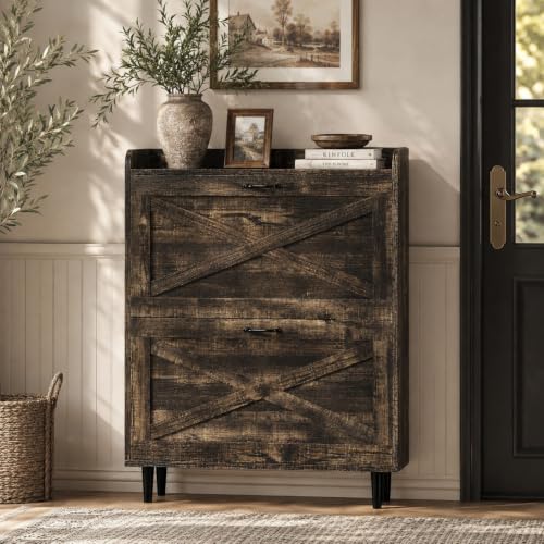 VINGLI Farmhouse Dark Rustic Oak Shoe Storage Cabinet with 2 Flip Drawers, Slim Entryway Organizer