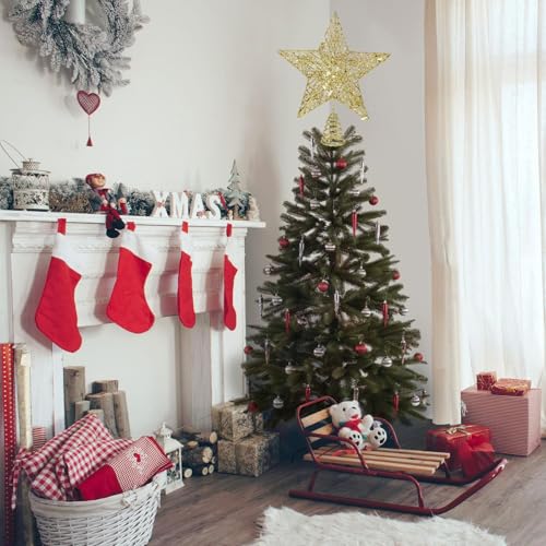 Christmas Tree Topper Glittering Gold Hollow Small Star Mini Christmas Tree Decoration 5 Point Star Xmas Treetop Ornaments (15cm/5.9inches)
