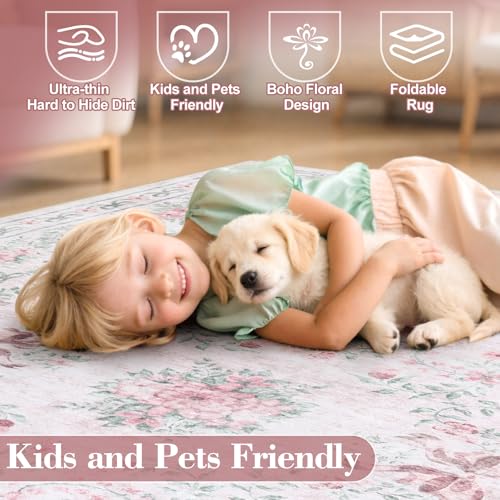 Pink Floral Bow Area Rug 5x7 for Bedroom & Nursery Washable Non-Slip Soft Carpet