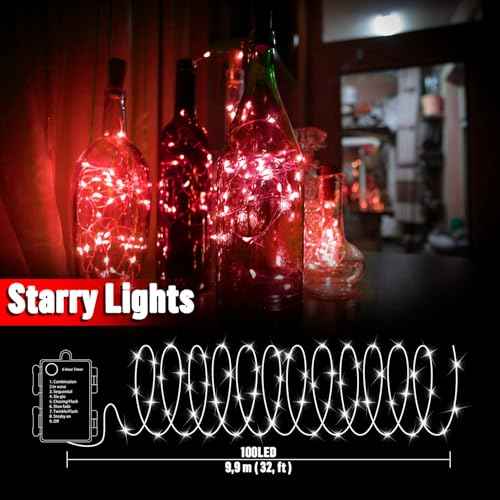 LAMPHOME 100 LED 33FT Red Fairy Lights Battery Operated with Remote, Mini Starry String Lights Multi Functions & Timer,Twinkle for Christmas Home Bedroom Wedding DIY Centerpiece Decor