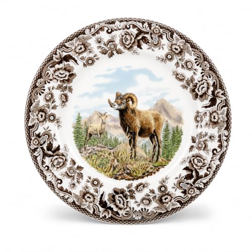 Spode Woodland Bighorn Sheep Salad Plate 8" - British Flowers Border, Rustic Game Animal, Made in England
