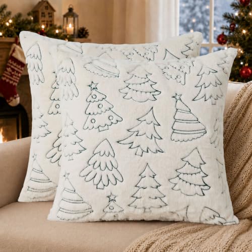 KUYZT Christmas Pillow Covers 18x18 Pack of 2 Lovely Tree Plush Decor Beige