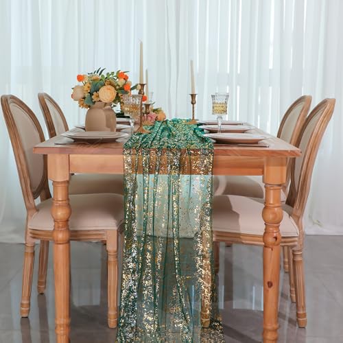 Green and Gold 10Ft Metallic Table Runner - Sheer Gauze Decor, Snowkingdom