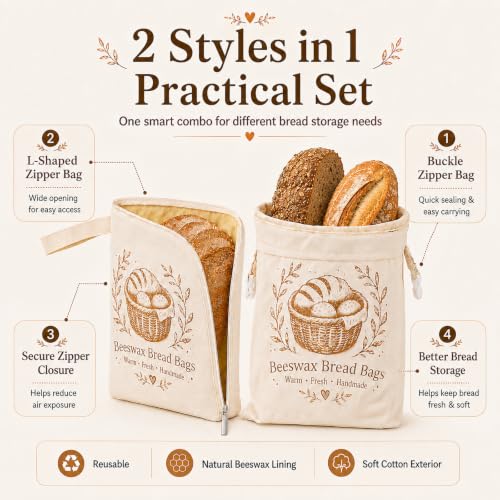 Cream Beige Reusable Beeswax Bread Bags Set - XL Cotton Sourdough Storage with Buckle & L-Shaped Zipper