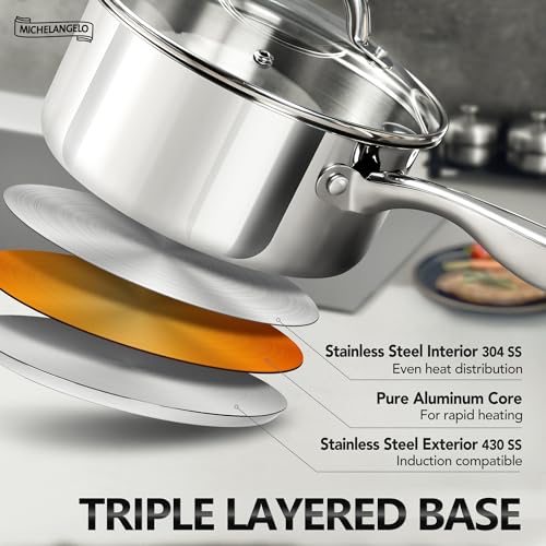 MICHELANGELO 3-Piece Stainless Steel Pot Set with Tri-Ply Bottom - 1QT, 2QT & 3QT