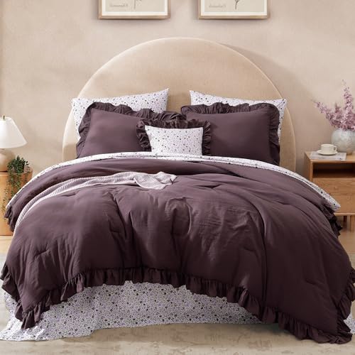 BLOOMHAVEN Full Size Comforter Set 7 Pieces Dark Purple Floral Ruffle Bedding