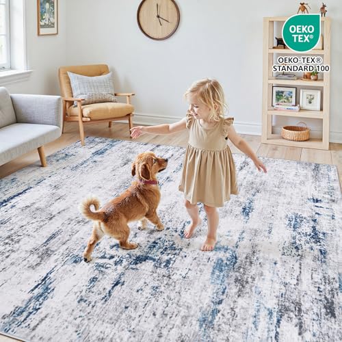 8x10 Large Washable Abstract Area Rug for Living Room - White, Gray, Blue - Non-Slip