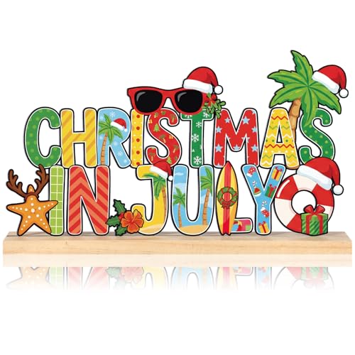 Metal Christmas in July Sign Tabletop Decor with Wooden Base