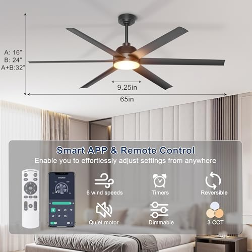 Phylluz 65 Inch Black Ceiling Fan with Lights Remote & App Control - Indoor & Covered Outdoor Patio, Dimming, 6-Speed