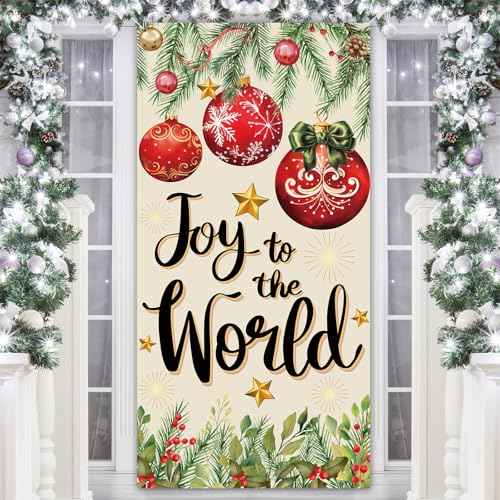 Merry Christmas Joy to The World Door Cover Xmas Balls Decorations Pine Cone Christmas Backdrop Banner Holiday in July Background Banner for Front Door Xmas Party Decor