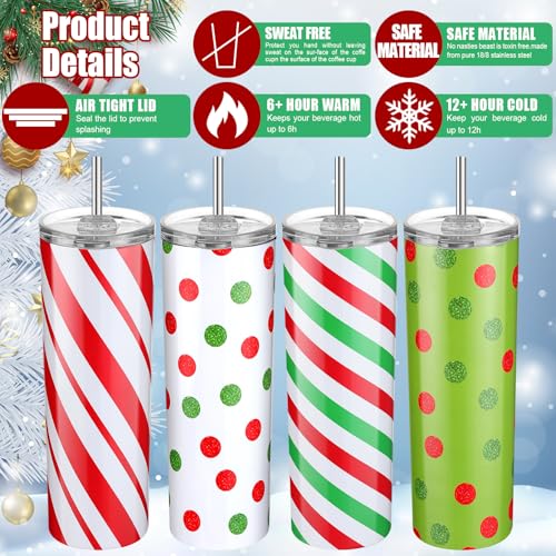 Sliner 4-Pack Christmas Stainless Steel Travel Mugs with Lid & Straw, Insulated 20 oz Holiday Gift Set