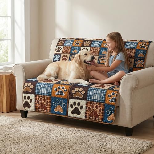 King Size Dog Paw Patchwork Quilt Set - Blue & Brown Microfiber Bedding, All Season, 3 Piece