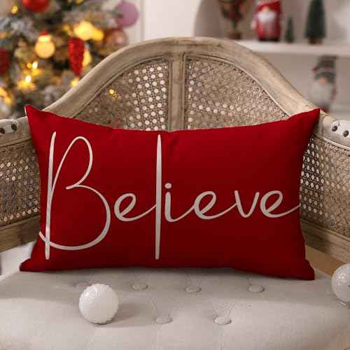Christmas Throw Pillow Covers 12x20 Inch Merry Christmas Farmhouse Decorations Believe Holiday Decor Throw Cushion Case for Home Couch