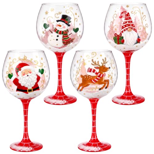 LemonRoad 4Pcs Hand Painted Christmas Wine Glasses Set - 16 oz, Santa, Reindeer, Snowman & Gnome (Variation: Cute)