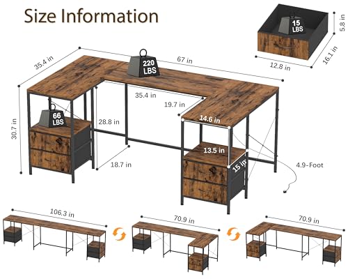 U-Shaped Gaming & Office Computer Desk with Storage - Reversible L Shape, 66 Inch