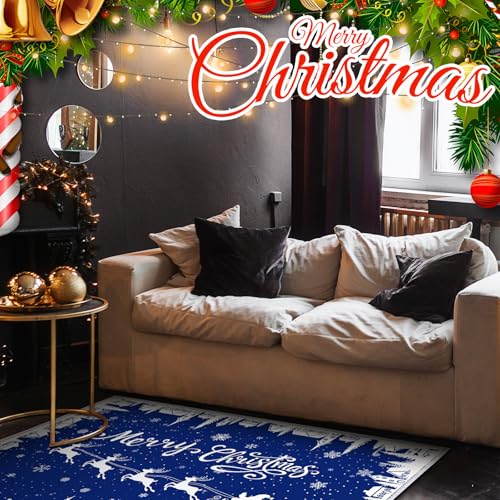 Dunzy Blue Snowflakes Christmas Door Mat 5x7 ft Non-Slip Washable