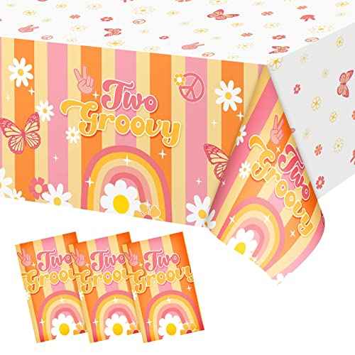 Jecery 3 Pcs Rainbow Plastic Two Groovy Tablecloths Birthday Decorations Groovy Christmas Decorations Retro Hippie Daisy Flower Decor for 60s 70s Retro Boho Themed Girl 2nd Birthday Supplies