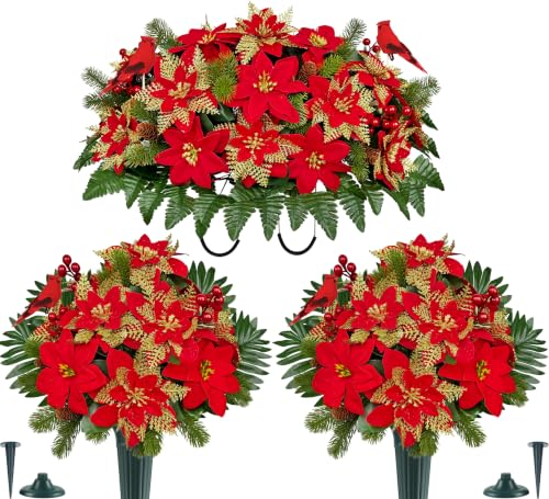 Artificial Cemetery Flowers Christmas Poinsettia 3-Piece Memorial Set