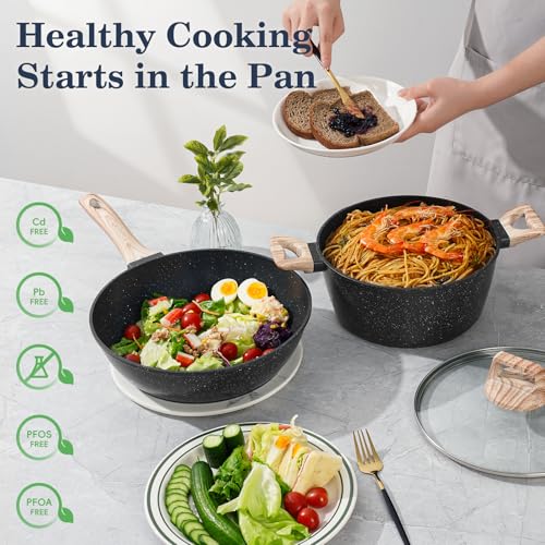 Non-Stick Pots and Pans Set - 12 Pieces Black Granite Induction Cookware - Variation: Black / 12 Pieces