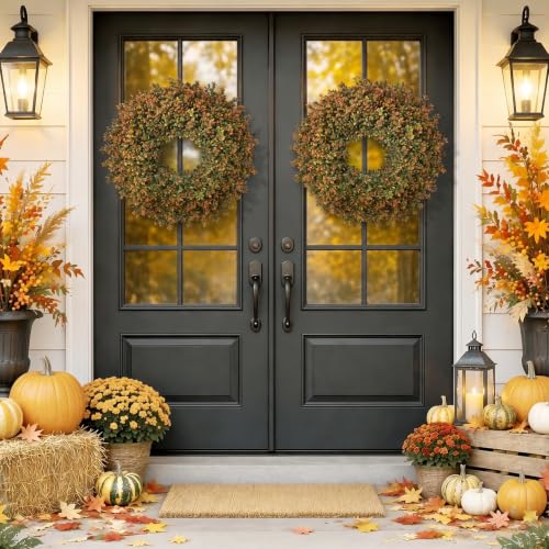 Fall Boxwood Wreath 26 Inch for Front Door Decor, Autumn Seasonal