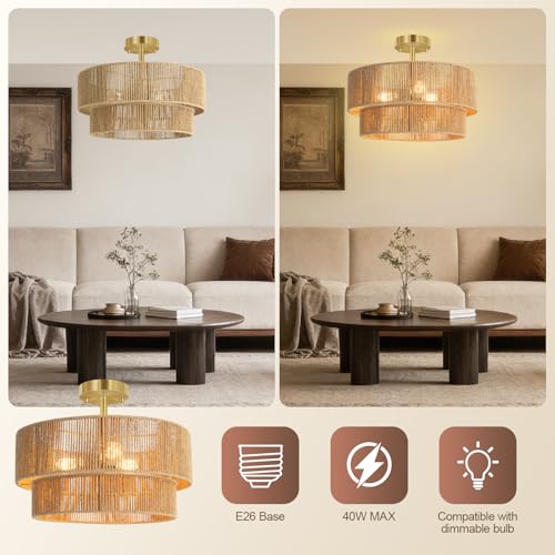 Brown 16.54-Inch Boho Rattan Ceiling Light Fixture - Semi Flush Mount for Bedroom, Dining, Kitchen