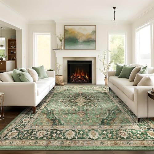 Deerly Green Border 8x10 Area Rug for Living Room & Bedroom Washable Boho Carpet