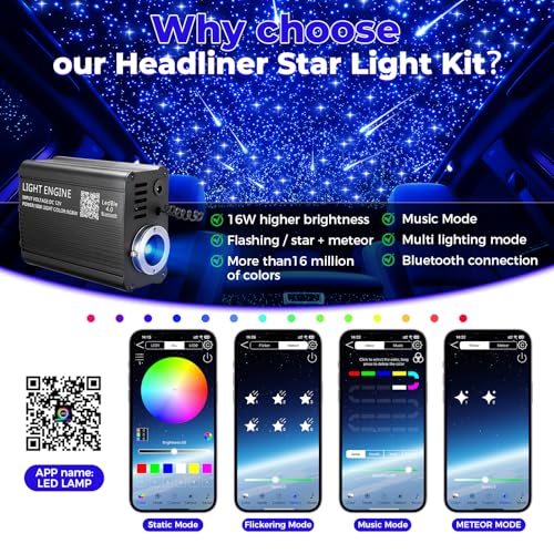 16W Car Star Ceiling Kit with 750 Fiber Optic Strands and App Control - Twinkle & Meteor Effects