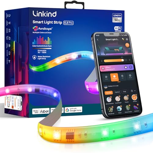 Linkind 50ft RGB LED Strip Lights - Smart Color Changing Light with App & Voice Control