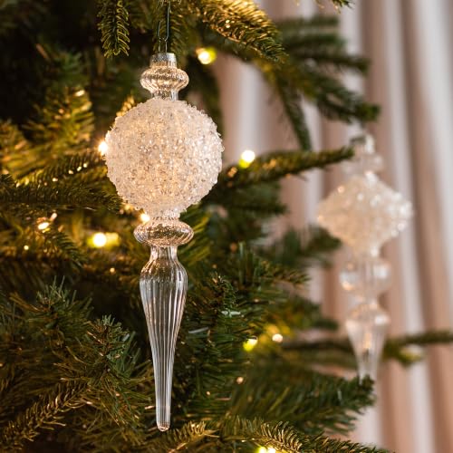Clear Glass Holiday Finials - Set of 4 Handcrafted Christmas Ornaments, 6 & 7 Inch Assorted Styles