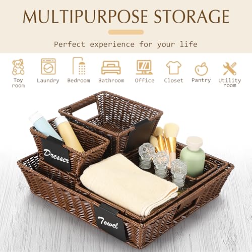 Marsui Dark Brown Wicker Storage Baskets Set of 9 with Handles & Labels - Multi-Size Closet & Pantry Organizer