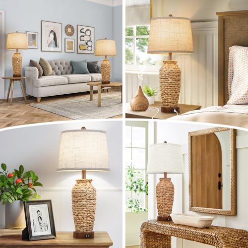 Natural Vase Set of 2 Rattan Table Lamps with USB Charging Ports - Farmhouse Rustic Woven Seagrass Bedside Lamps for Living Room & Bedroom - Cream Shade