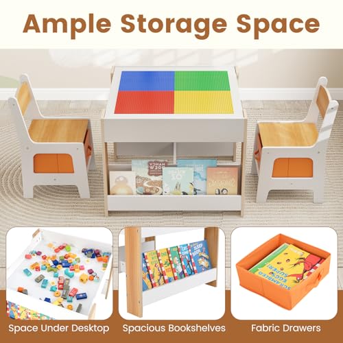 Kids Table and Chair Set with Building Block Tabletop - Natural