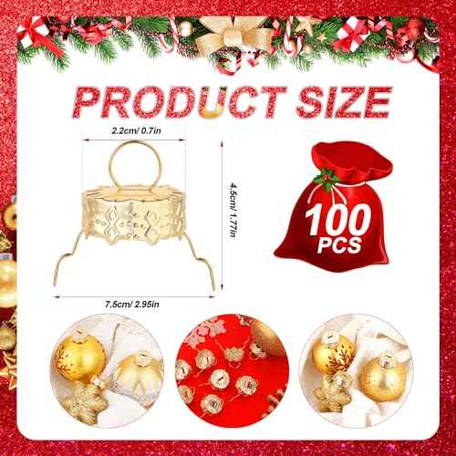 100pcs Round Christmas Ball Ornament Caps 0.71in, Ornament Tops Caps Xmas Hanger DIY Decorations Cap for Christmas Tree Ceramic Glass Porcelain Top Hanging Ornaments, Gold