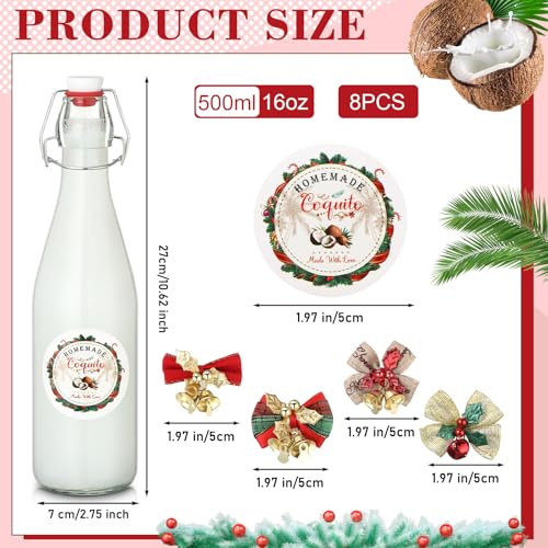 DoubleFill Christmas 8-Pack Flip Top Glass Bottles 16oz for Homemade Beverages