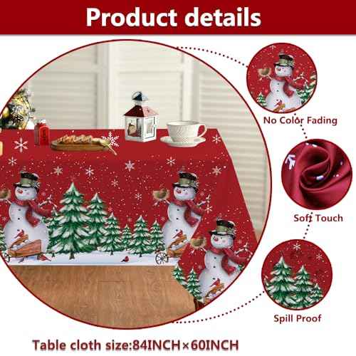 Quimoy Christmas Tablecloth 60¡¿84 Inch Rectangular, Washable Xmas Trees Snowflake Table Cover, Red Winter Xmas Snowman Table Cloth for Christmas Party Picnic Kitchen Dinner Decor