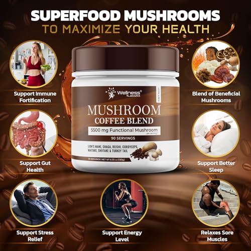 Organic Mushroom Coffee Instant Pack of 2 - 6.35oz, 7 Superfood Mushrooms Blend, 180 Servings