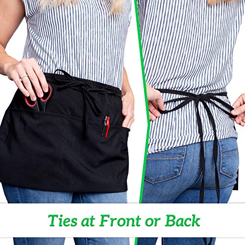 GREEN LIFESTYLE 12 Pack Black Water-Resistant Server Aprons with 3 Pockets – Waist Apron for Waitstaff & Chefs