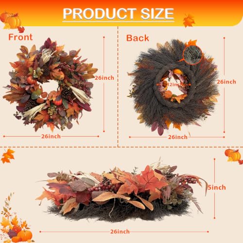 26-Inch Fall Wreath for Front Door - Red Orange Harvest Decor with Maple Leaves, Pumpkins & Berries
