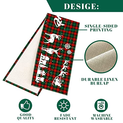Tipbrol Believe Christmas Buffalo Plaid Table Runner - 72 Inch Burlap Red Green Snowman Pattern