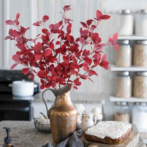 CISDUEO 3 Pcs Artificial Fall Maple Leaves Branches With Stems - Autumn Eucalyptus for Thanksgiving Home Indoor Kitchen Festival Table Centerpieces Decoration - Red