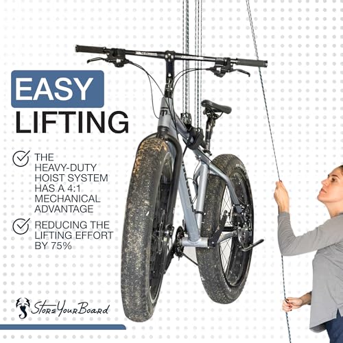 StoreYourBoard Garage Ceiling Bike Hoist System - Adjustable Pulley Lift for All Bikes