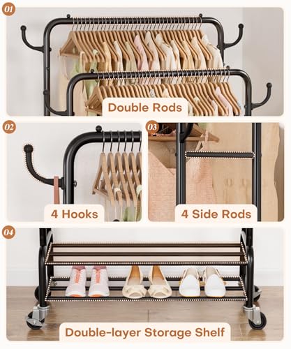 Heavy Duty Garment Rack with 2 Rods & 4 Wheels - Black, 30 Inches